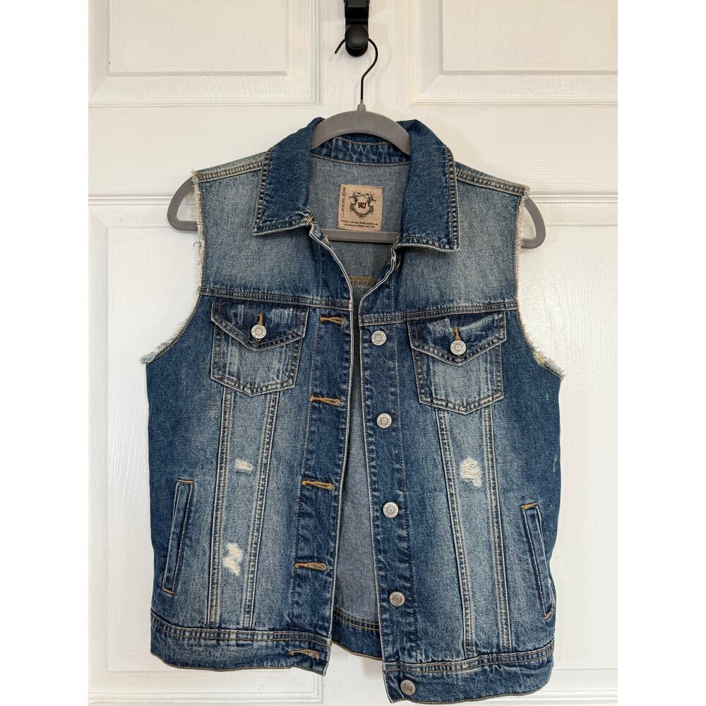 Wax Jean Distressed Denim Vest - Medium Wash Frayed Cutoff - M